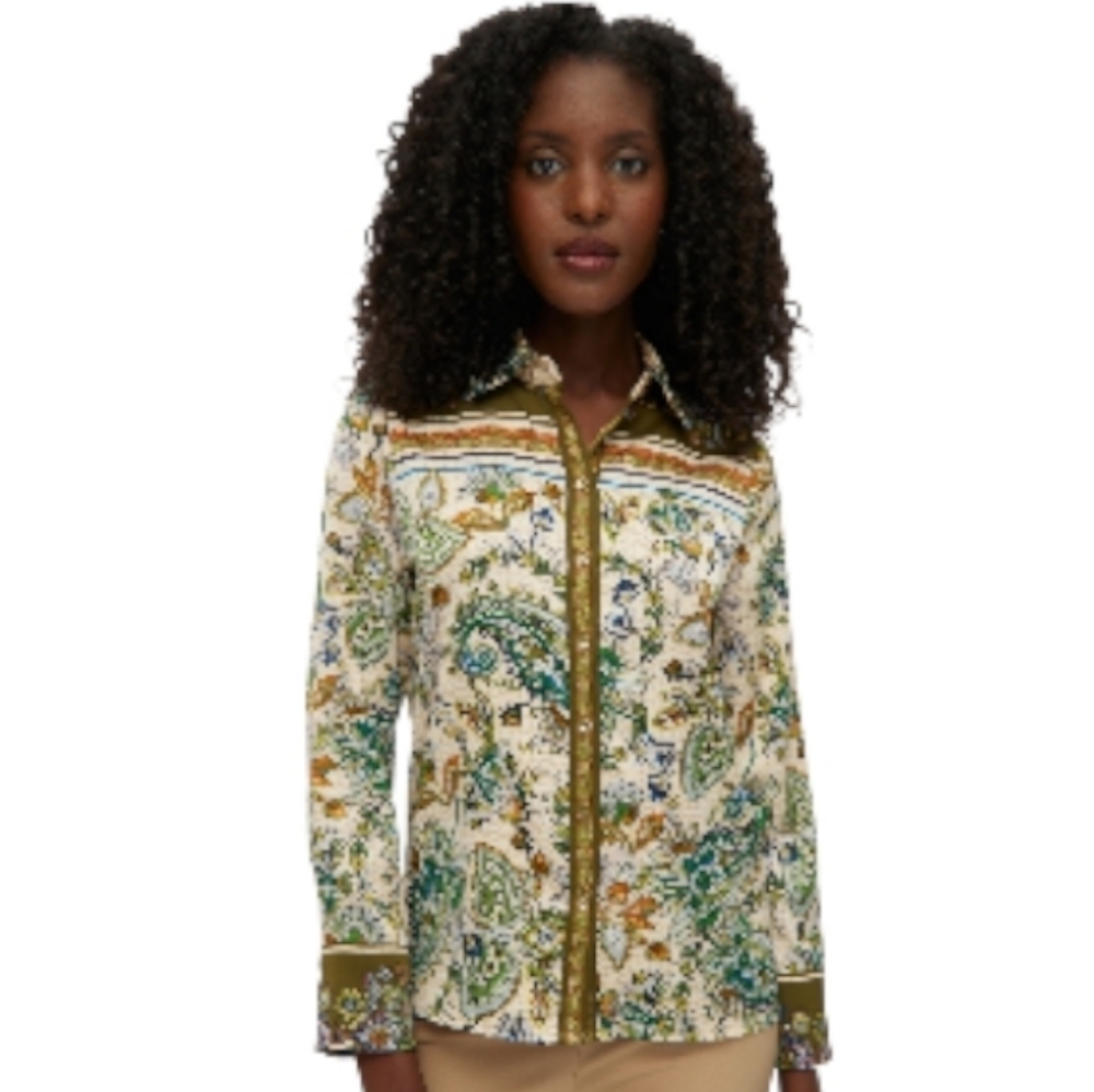 Rachel Zoe SM Olive Paisley Button-Down Blouse